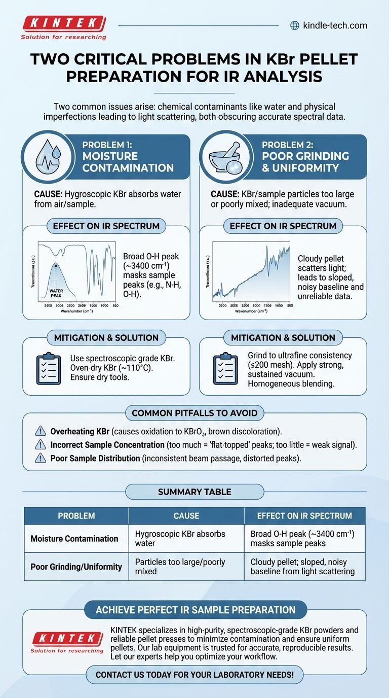 What are two problems that could arise in the preparation of a KBr pellet for IR analysis? Avoid Moisture & Grinding Errors Visual Guide