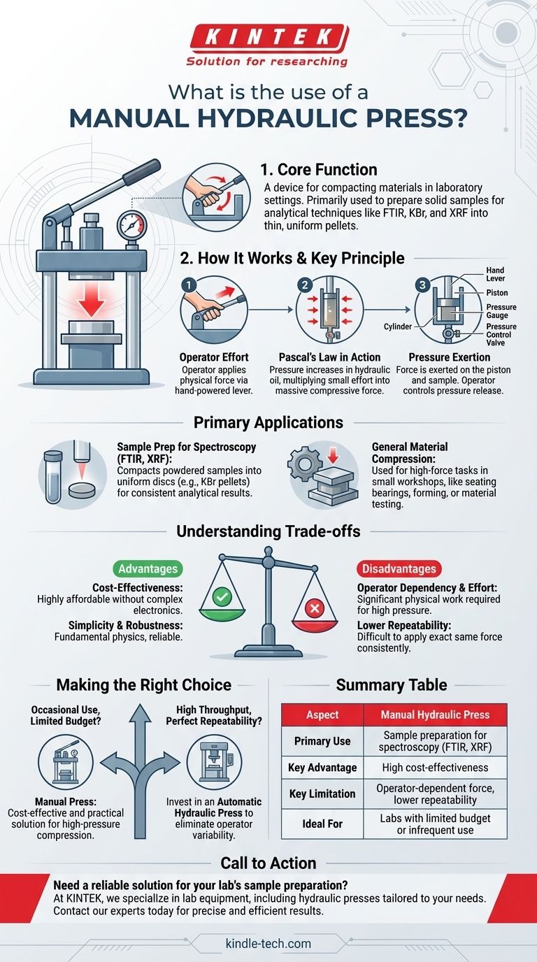 수동 유압 프레스의 용도는 무엇인가요? 실험실 샘플 준비를 위한 비용 효율적인 도구 시각적 가이드