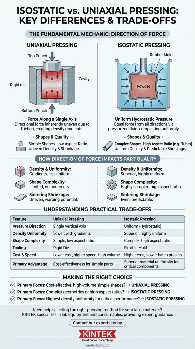 Quelle est la différence entre le pressage isostatique et le pressage uniaxial ? Choisir la bonne méthode de compactage de poudre Guide Visuel