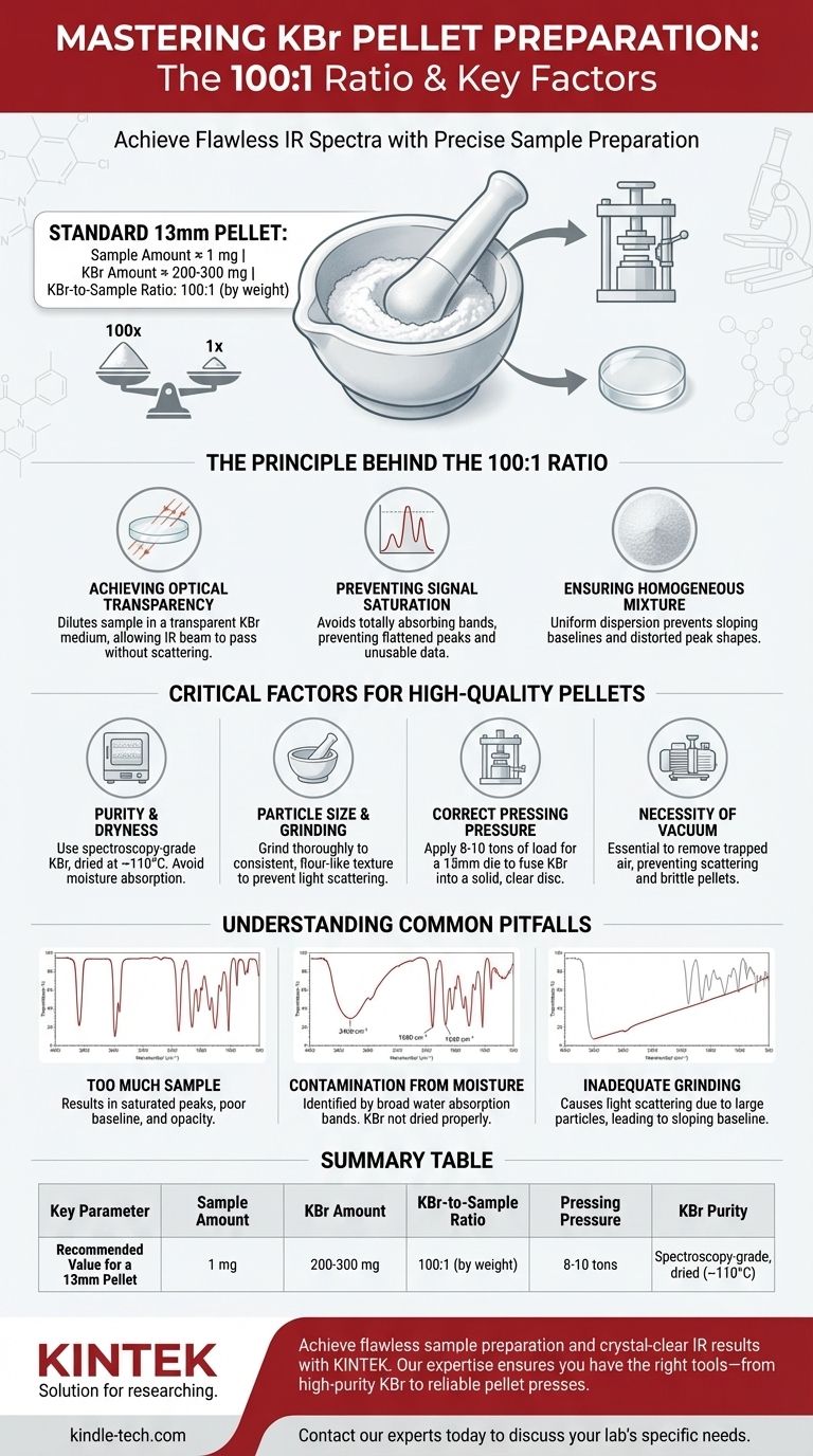 Wie viel Probe wird für die Herstellung eines KBr-Presslings benötigt? Erzielen Sie perfekte IR-Spektren mit dem 100:1-Verhältnis Visuelle Anleitung