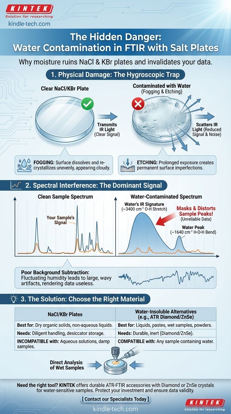 لماذا يجب عليك تجنب تلوث الماء عند إجراء قياسات مطيافية الأشعة تحت الحمراء بتحويل فورييه (FTIR) باستخدام صفائح كلوريد الصوديوم (NaCl) أو بروميد البوتاسيوم (KBr)؟ احمِ معداتك وسلامة بياناتك دليل مرئي