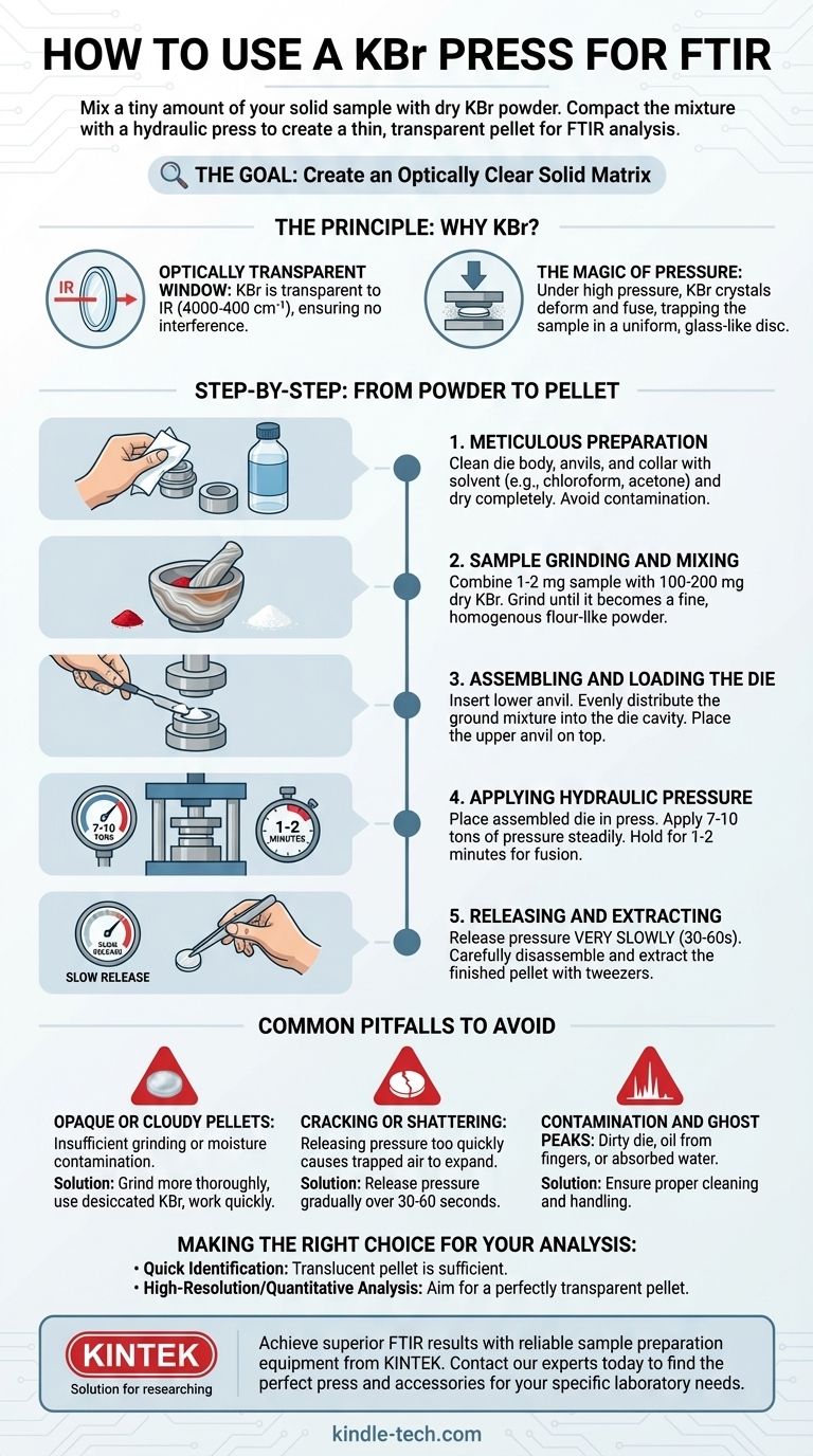KBr 프레스를 사용하는 방법은 무엇인가요? FTIR 분석을 위한 투명 펠릿 제작 기술을 마스터하세요 시각적 가이드