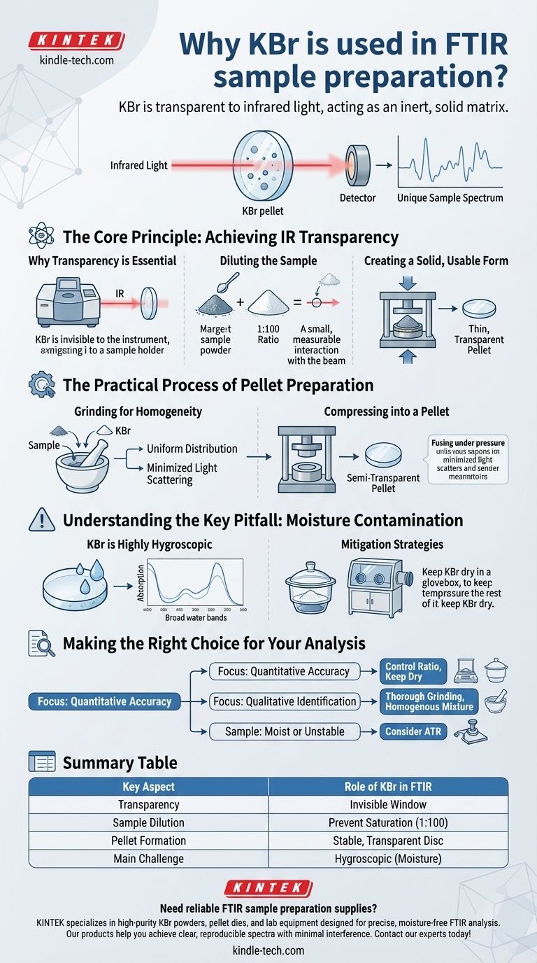Warum wird KBr bei der FTIR-Probenvorbereitung verwendet? Erhalten Sie klare, genaue IR-Spektren mit der richtigen Pellet-Technik Visuelle Anleitung