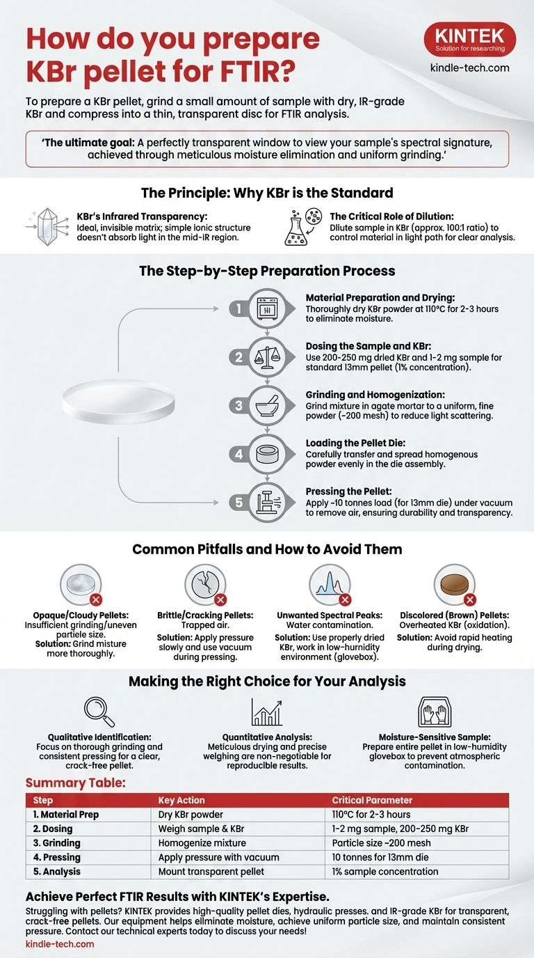 Wie bereitet man eine KBr-Pellet für FTIR vor? Meistern Sie die Kunst der Herstellung transparenter IR-Fenster Visuelle Anleitung