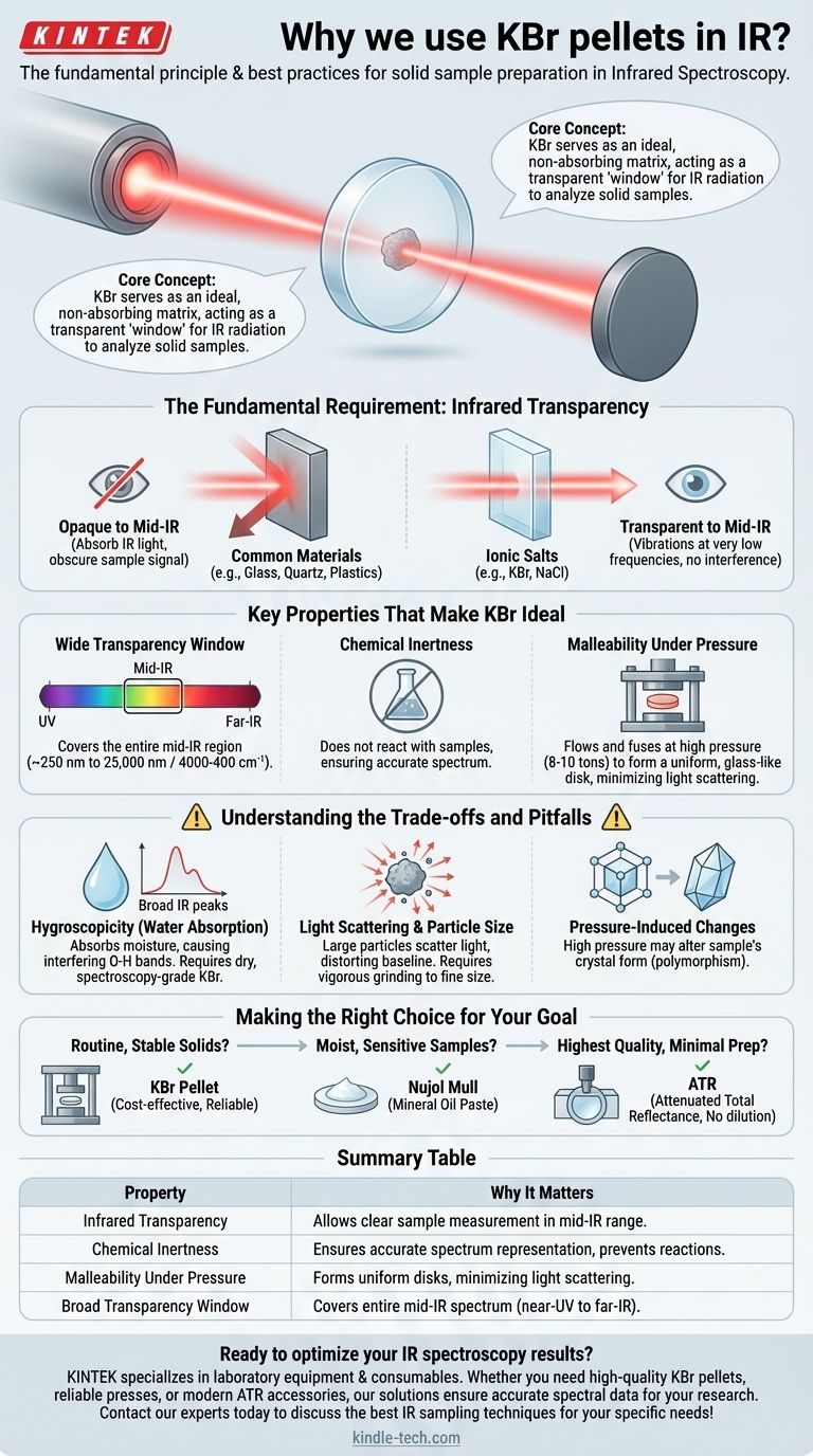 لماذا نستخدم أقراص بروميد البوتاسيوم (KBr) في مطيافية الأشعة تحت الحمراء؟ اكتشف تحليلاً واضحاً للعينات باستخدام مصفوفة شفافة للأشعة تحت الحمراء دليل مرئي