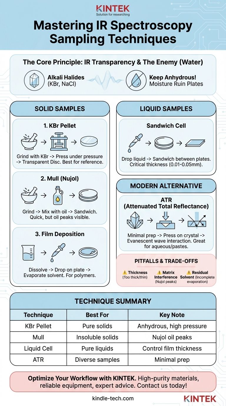 ما هي الأنواع المختلفة لتقنيات أخذ العينات المستخدمة في مطيافية الأشعة تحت الحمراء؟ دليل لطرق KBr، والمعلق (Mull)، و ATR دليل مرئي