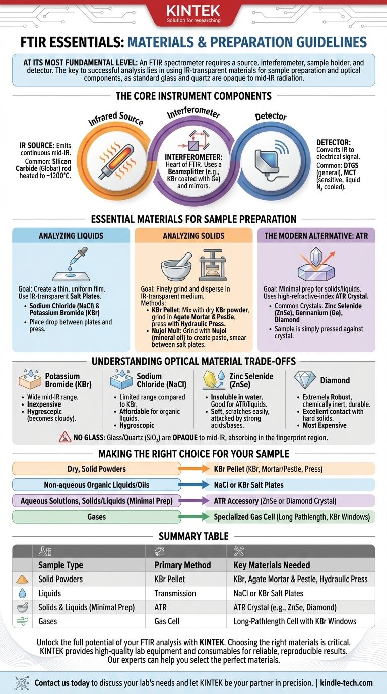 Quali materiali sono necessari per un FTIR? Guida essenziale alla preparazione del campione e all'ottica Guida Visiva