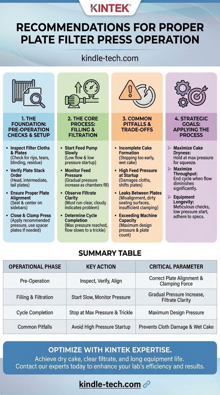 What are the recommendations for proper plate filter press operation? Achieve Maximum Efficiency and Dry Cake Visual Guide