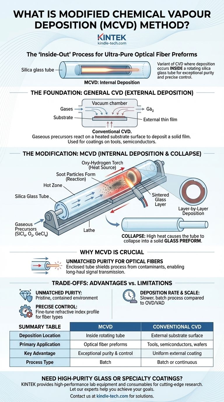 ما هي طريقة الترسيب الكيميائي للبخار المعدل؟ العملية من الداخل إلى الخارج للألياف البصرية فائقة النقاء دليل مرئي