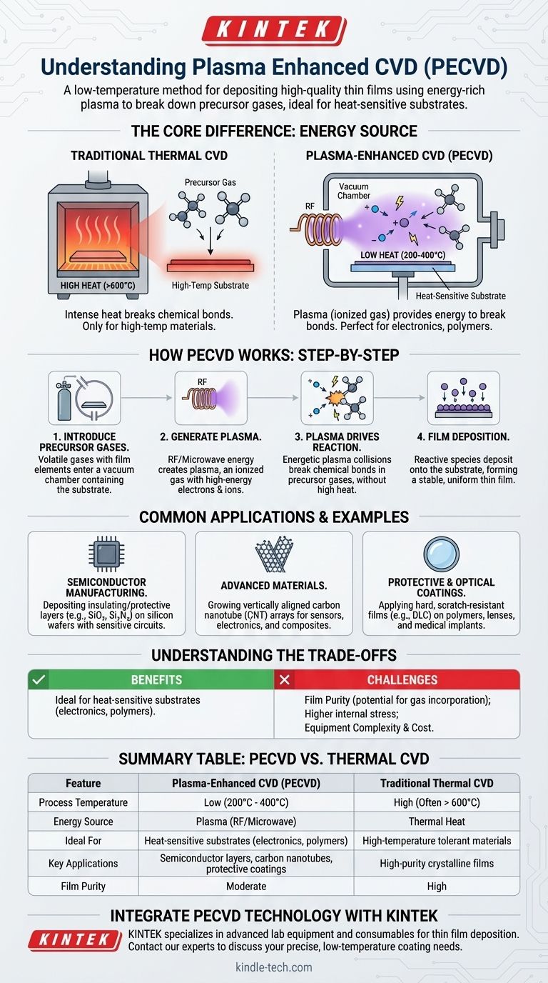 Что такое плазменно-усиленное химическое осаждение из газовой фазы (PECVD) с примерами? Откройте для себя низкотемпературное осаждение тонких пленок Визуальное руководство