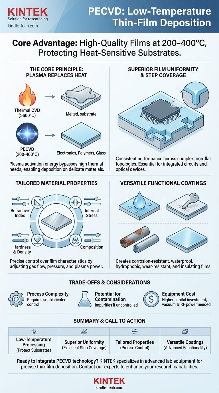 Quali sono i vantaggi del PECVD? Consente la deposizione di film sottili di alta qualità a bassa temperatura Guida Visiva