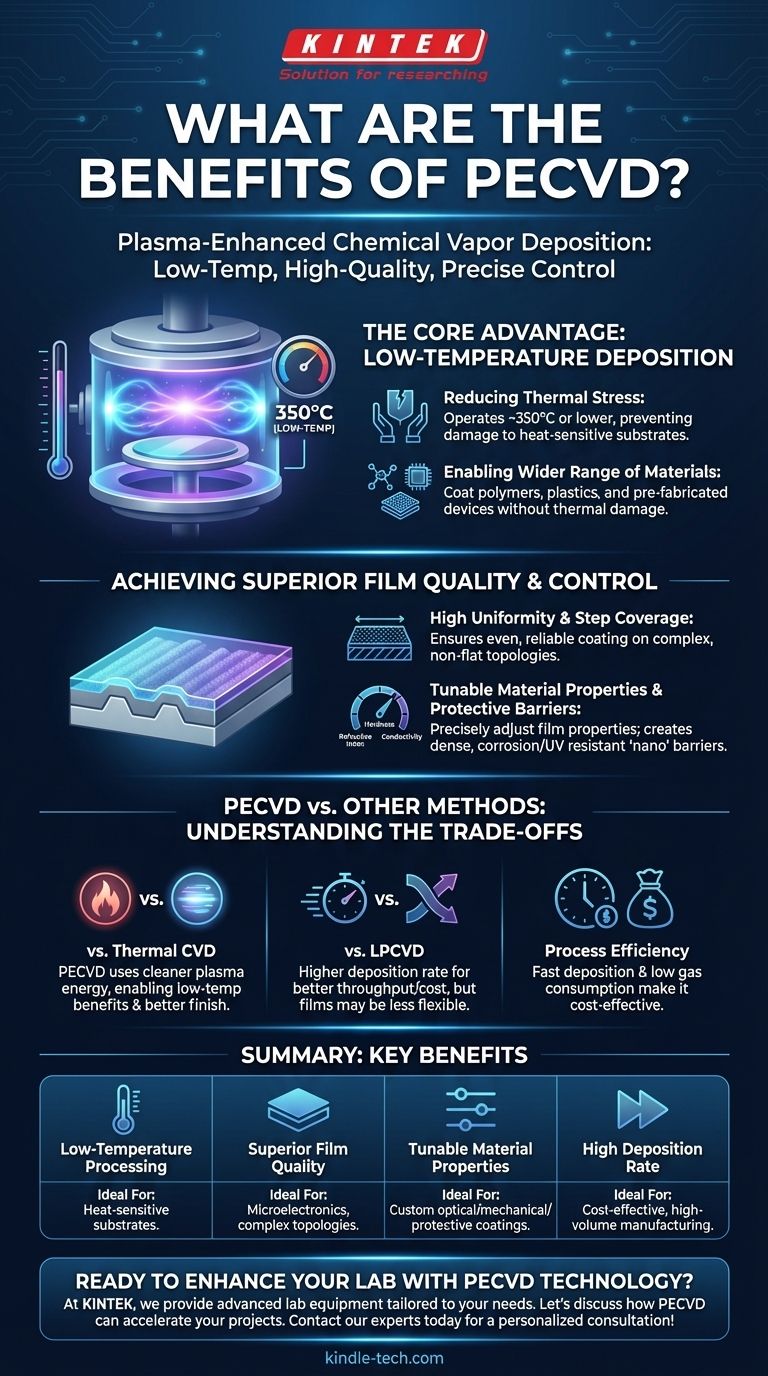 ما هي فوائد الترسيب الكيميائي للبخار المعزز بالبلازما (PECVD)؟ تحقيق ترسيب فائق للأغشية الرقيقة في درجات حرارة منخفضة دليل مرئي