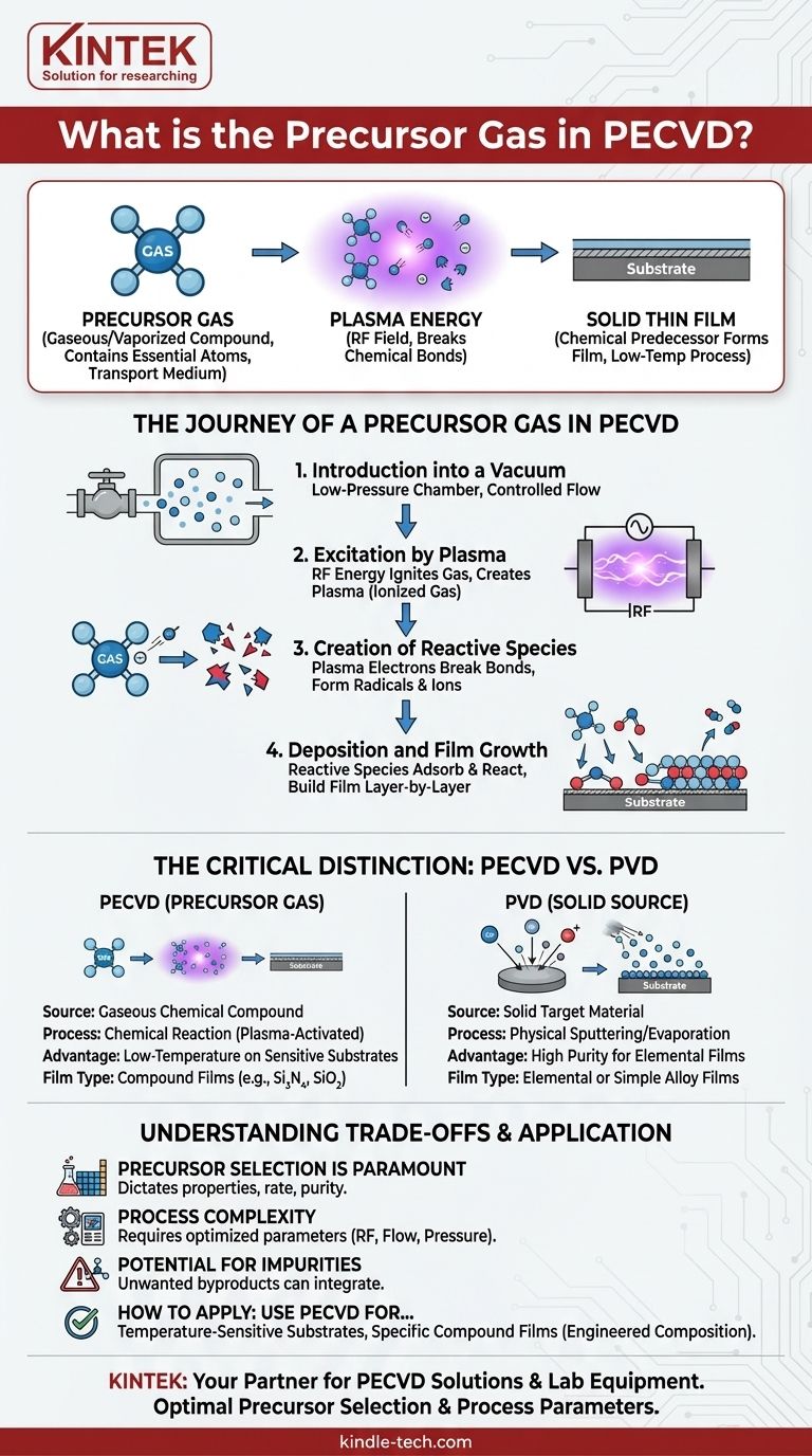 ما هو الغاز الطليعي في الترسيب الكيميائي للبخار المعزز بالبلازما؟ المفتاح لترسيب الأغشية الرقيقة في درجات حرارة منخفضة دليل مرئي