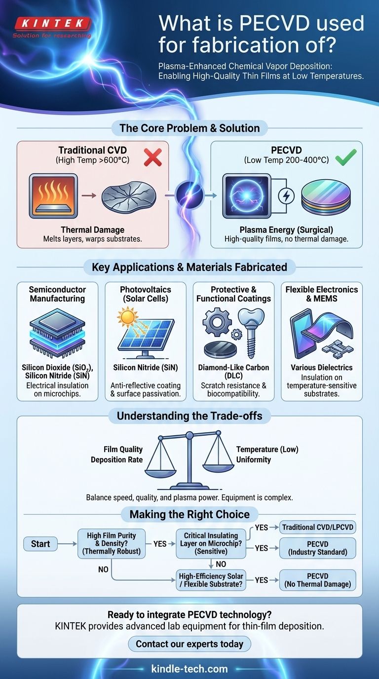 ما هو استخدام عملية ترسيب البخار الكيميائي المعزز بالبلازما (PECVD) في التصنيع؟ دليل للأغشية الرقيقة ذات درجة الحرارة المنخفضة دليل مرئي
