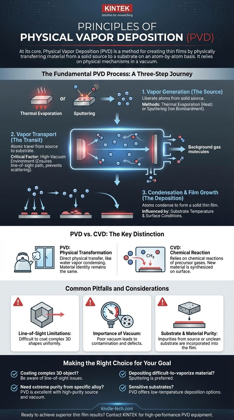 ما هي مبادئ الترسيب الفيزيائي للبخار للأغشية الرقيقة؟ إتقان عملية الخطوات الثلاث للطلاءات عالية النقاء دليل مرئي