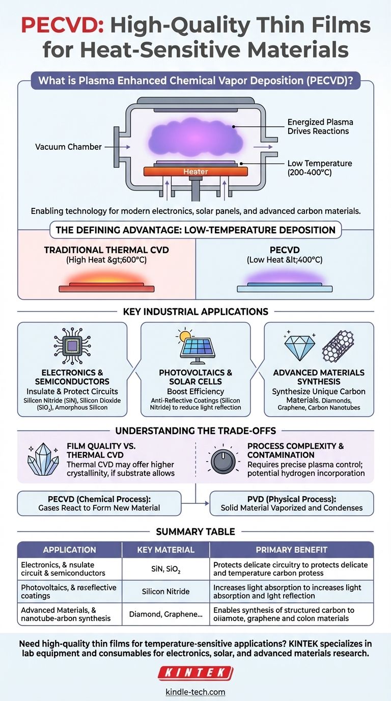 ما هو استخدام الترسيب الكيميائي بالبخار المعزز بالبلازما (PECVD)؟ تمكين الأغشية الرقيقة منخفضة الحرارة للإلكترونيات والطاقة الشمسية دليل مرئي