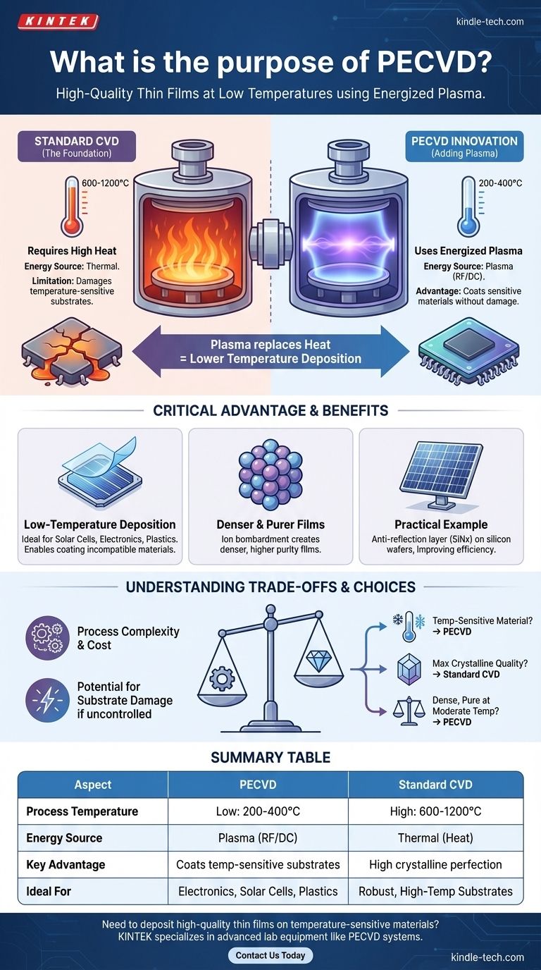 ¿Cuál es el propósito del PECVD? Lograr la deposición de películas delgadas a baja temperatura para materiales sensibles Guía Visual