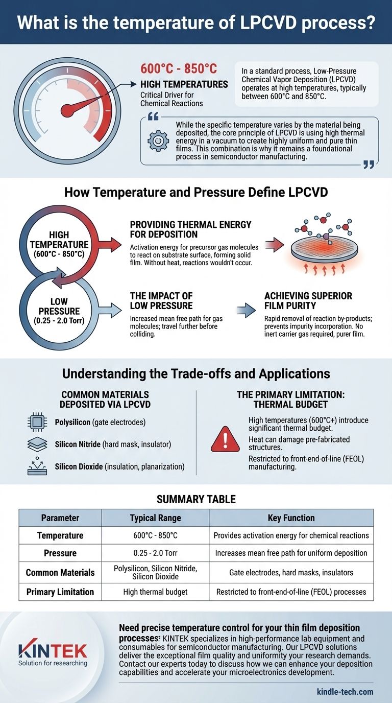 ما هي درجة حرارة عملية الترسيب الكيميائي للبخار بالضغط المنخفض (LPCVD)؟ تحقيق جودة طبقة رقيقة وتوحيد فائقين دليل مرئي