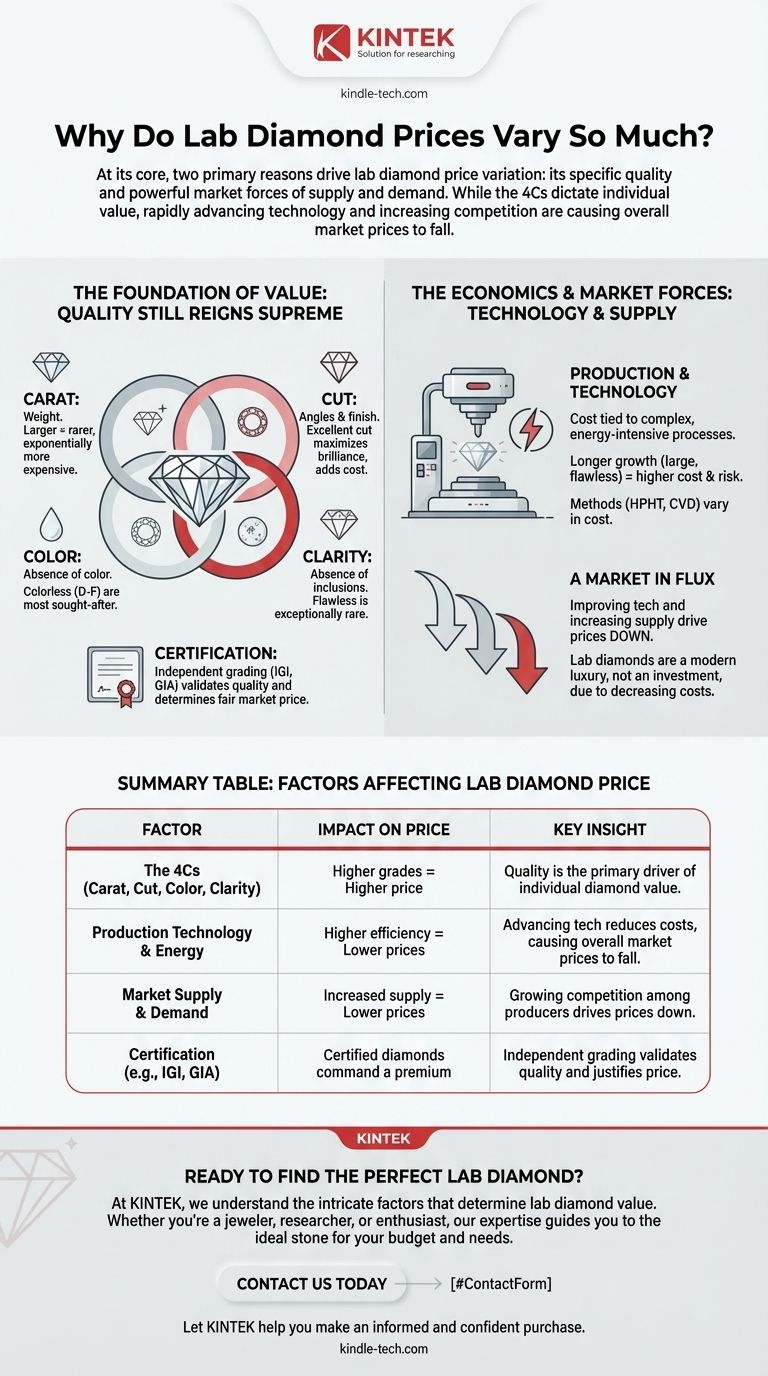 Warum variieren die Preise für im Labor gezüchtete Diamanten so stark? Verstehen Sie die 4Cs und die Marktkräfte Visuelle Anleitung