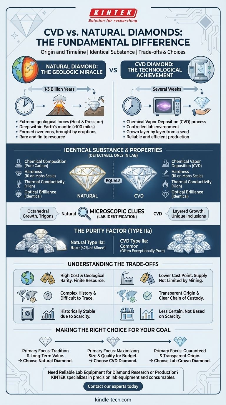 Qual è la differenza principale tra un diamante CVD e uno naturale? Origine, purezza e valore spiegati Guida Visiva