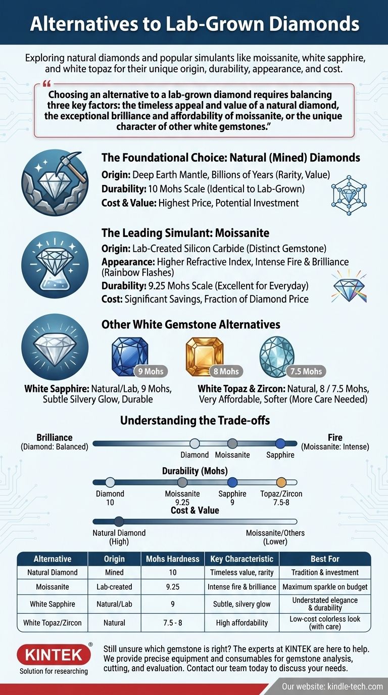 ما هي بدائل الألماس المزروع في المختبر؟ مقارنة الألماس الطبيعي، المويسانايت والمزيد دليل مرئي