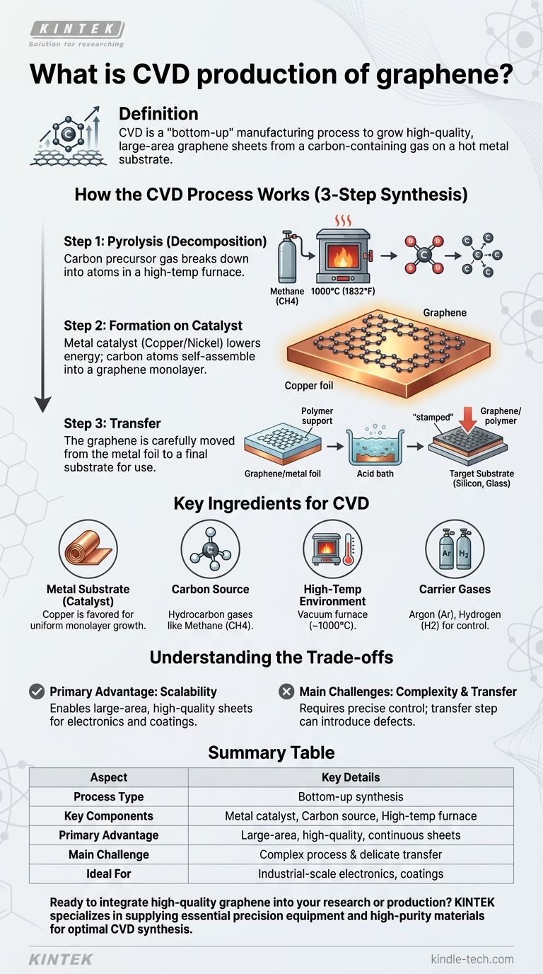 ما هو إنتاج الجرافين بطريقة الترسيب الكيميائي للبخار (CVD)؟ العملية الصناعية لصفائح الجرافين عالية الجودة دليل مرئي