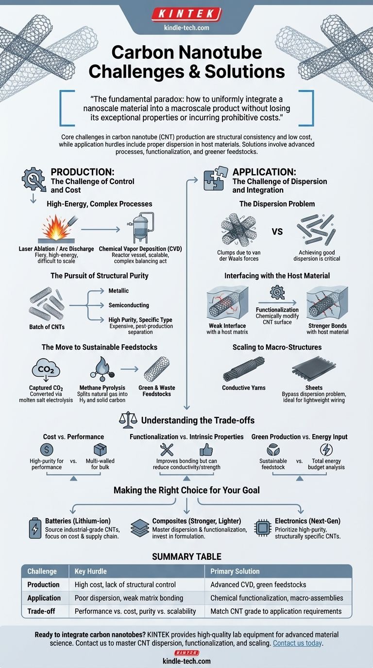 What are some current challenges in the production and application of carbon nanotubes and how can they be overcome? Master Nano-to-Macro Integration Visual Guide