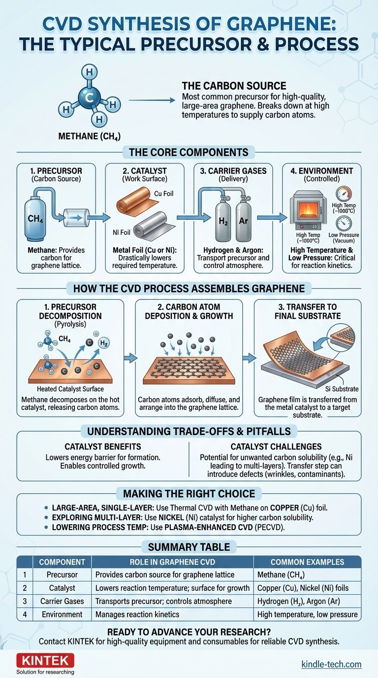 ما هو السلائف النموذجية المستخدمة في تخليق الجرافين بطريقة الترسيب الكيميائي للبخار (CVD)؟ دور الميثان في النمو عالي الجودة دليل مرئي