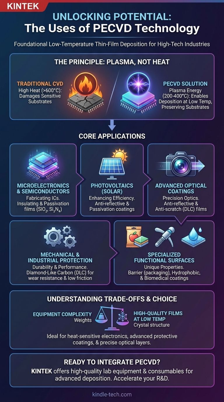 ما هي استخدامات PECVD؟ دليل لترسيب الأغشية الرقيقة في درجات حرارة منخفضة دليل مرئي