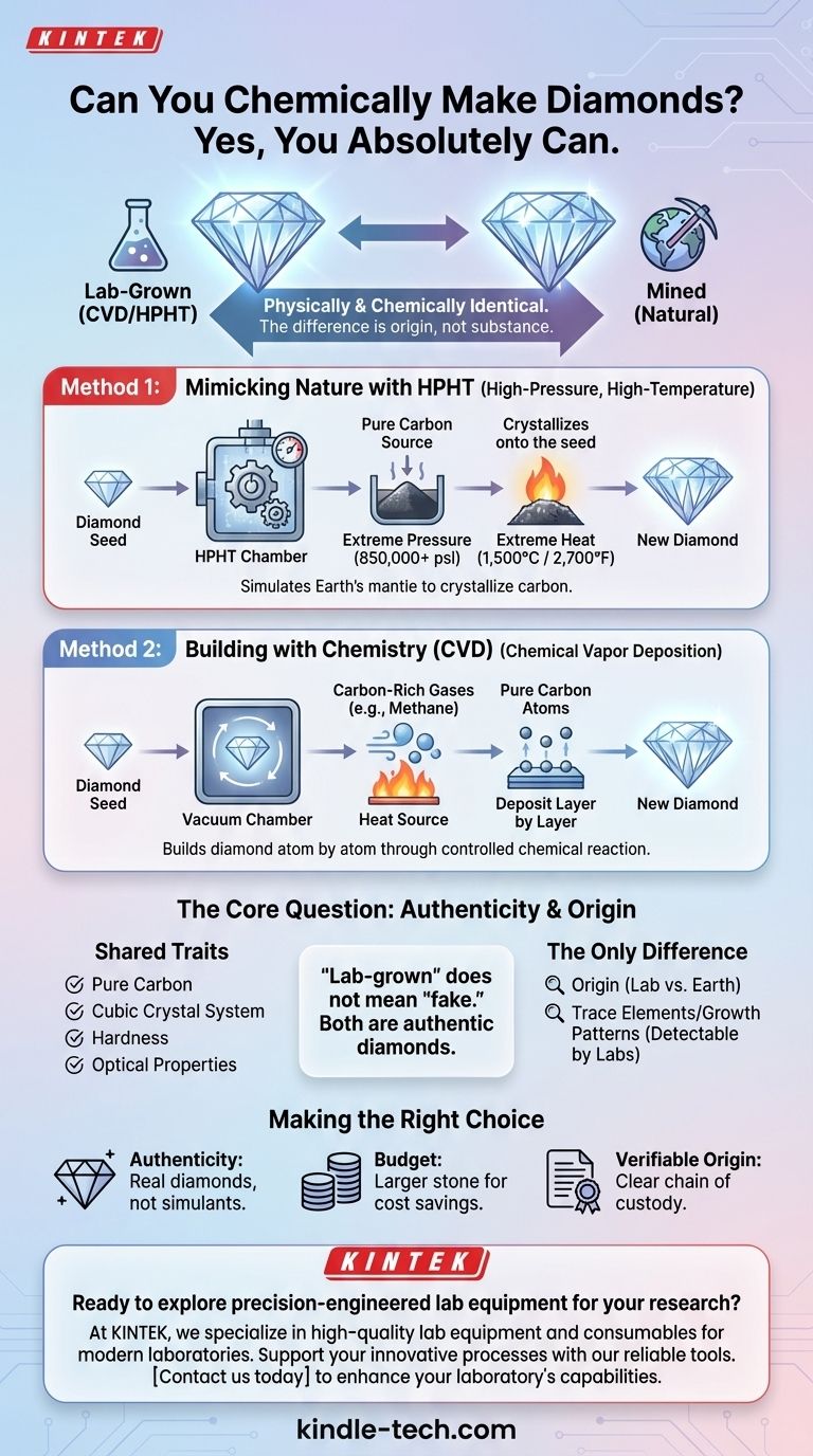 هل يمكنك صنع الماس كيميائياً؟ نعم، يخلق الترسيب الكيميائي للبخار (CVD) والضغط العالي ودرجة الحرارة العالية (HPHT) ماسات حقيقية دليل مرئي