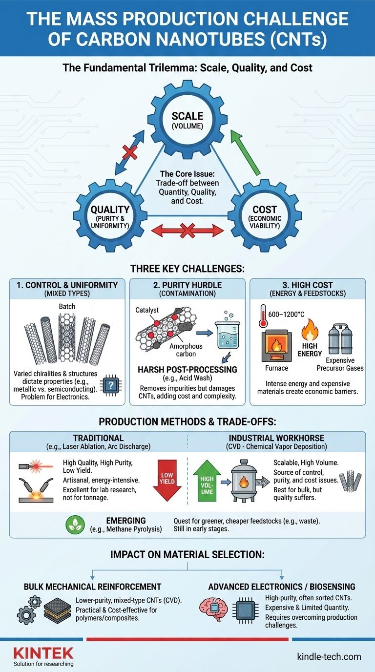 لماذا يمثل الإنتاج الضخم لأنابيب الكربون النانوية تحديًا اليوم؟ المعضلة الثلاثية للحجم والجودة والتكلفة دليل مرئي