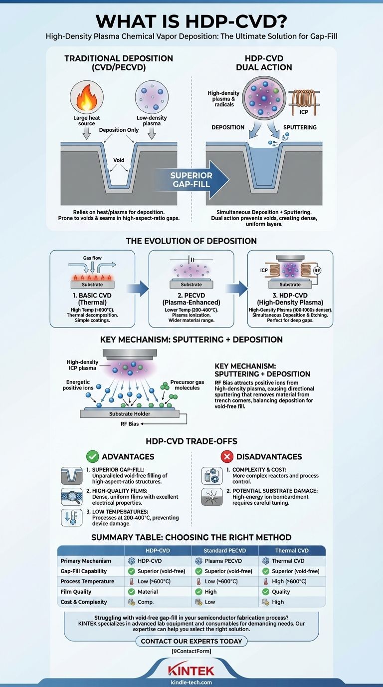 ما هي عملية الترسيب الكيميائي للبخار بالبلازما عالية الكثافة (HDP CVD)؟ إتقان ملء الفجوات الخالية من الفراغات لتصنيع أشباه الموصلات دليل مرئي