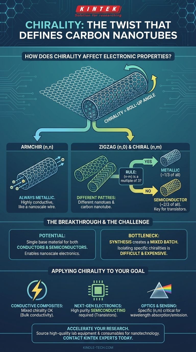 كيف يؤثر التناظر الفراغي (Chirality) على أنابيب الكربون النانوية؟ إنه يحدد ما إذا كانت معدنية أم شبه موصلة دليل مرئي
