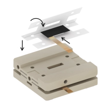 4. Building upon step 3, place the cathode flow plate-gasket-cathode material-gasket, with the catalyst-coated side of the cathode material facing the exchange membrane.